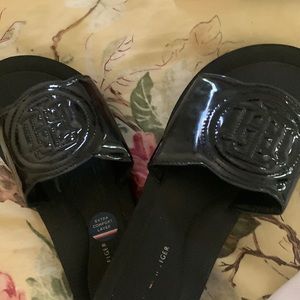 Black patent pool sandals( slides) in great condition worn twice